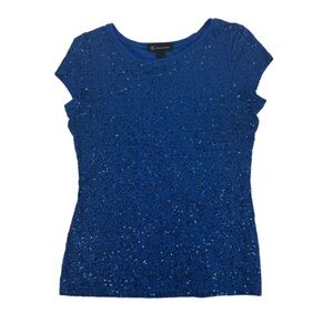 INC International Concepts Blue Sequin Short Sleeve Top Size Medium Women’s